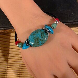 Gemstone Bracelet Turquoise Coral Black Velvet and Silver Tone Beads Style D